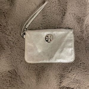 Tory Burch never used silver leather wristlet